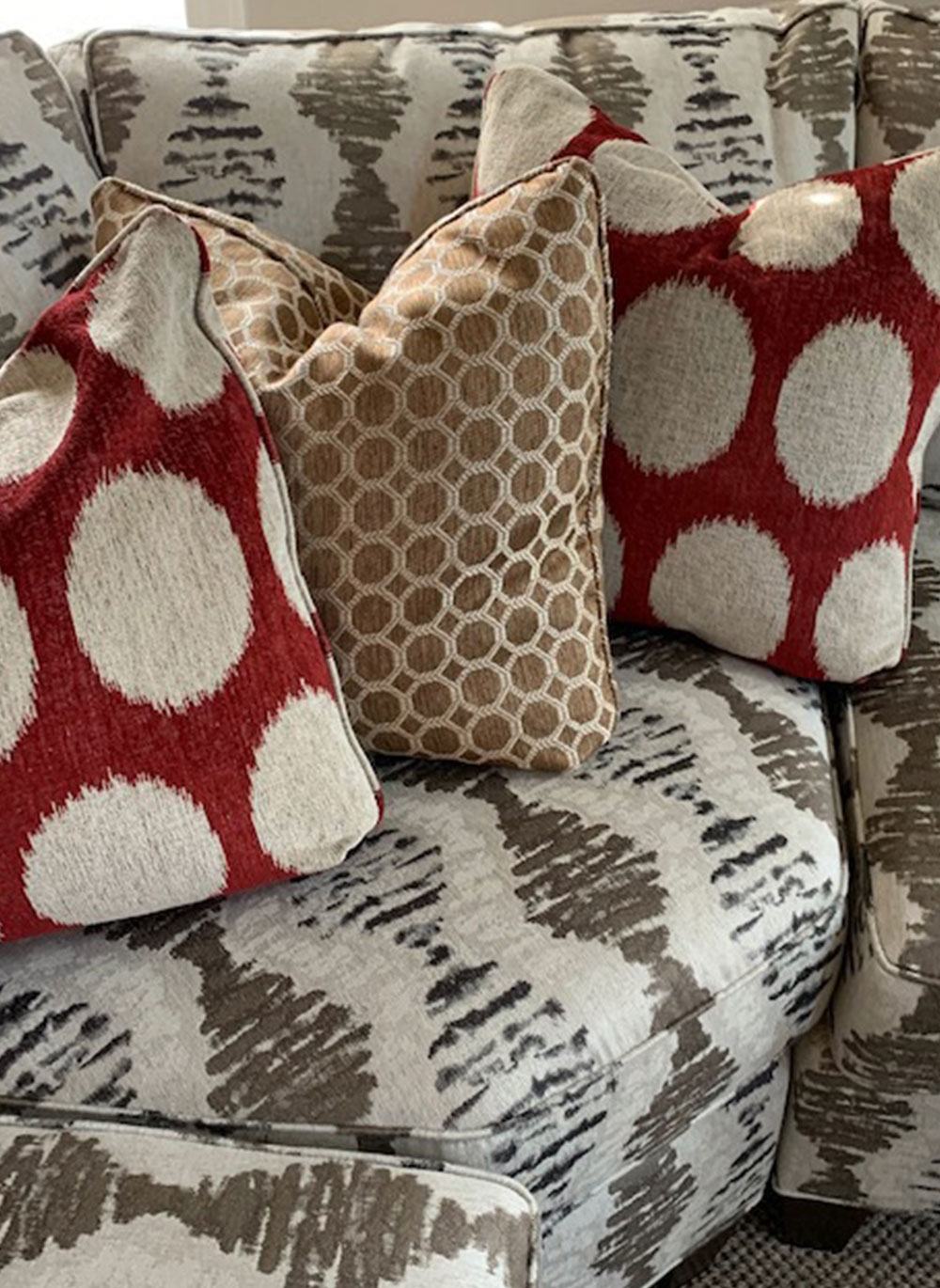 Details of patterned sofa and pillows