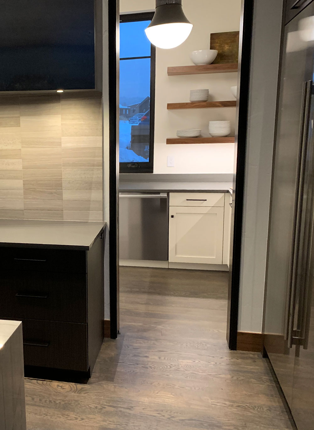 look into the modern kitchen and pantry